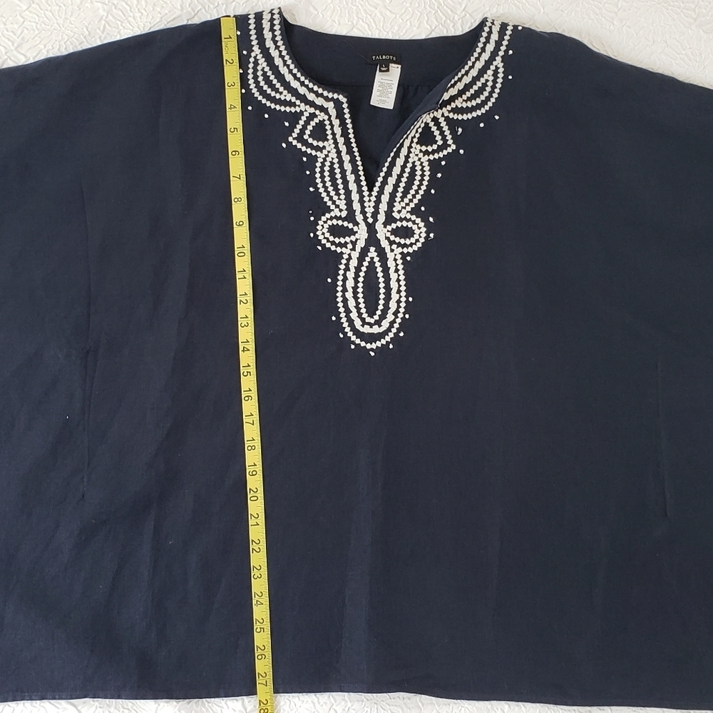 Talbots Navy + White Embroidered Poncho Linen, Size L - Picture 9 of 13